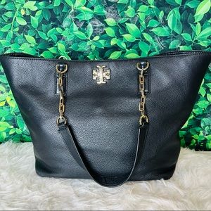 Tory Burch black chain gold straps casual / work tote purse / bag